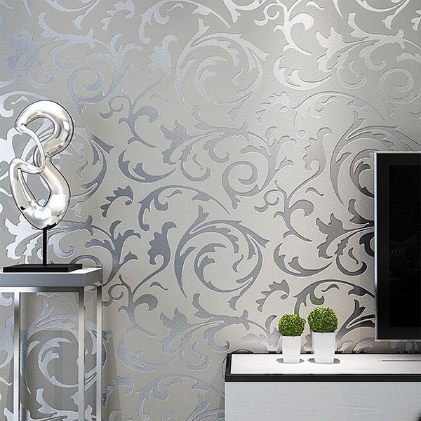 Gris 3D victorien damassé en relief papier peint rouleau décor à la maison salon chambre revêtements muraux argent Floral luxe papier peint
