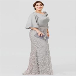 Cinza Uma Linha Mãe Da Noiva Vestido Jóia Pescoço 3/4 Manga Longa Renda Appliqued Wedding Guest Vestidos Até O Chão Plus Size Evening249k