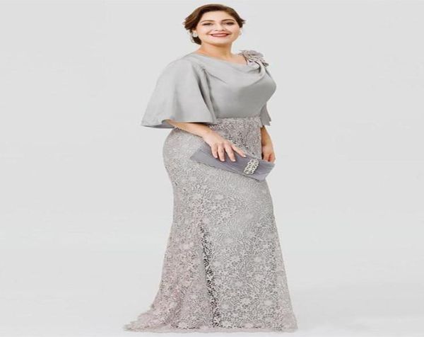 Vestido gris de una línea para madre de la novia, cuello joya, 34, manga larga, apliques de encaje, vestidos de invitados de boda, longitud hasta el suelo, talla grande, noche 3323968