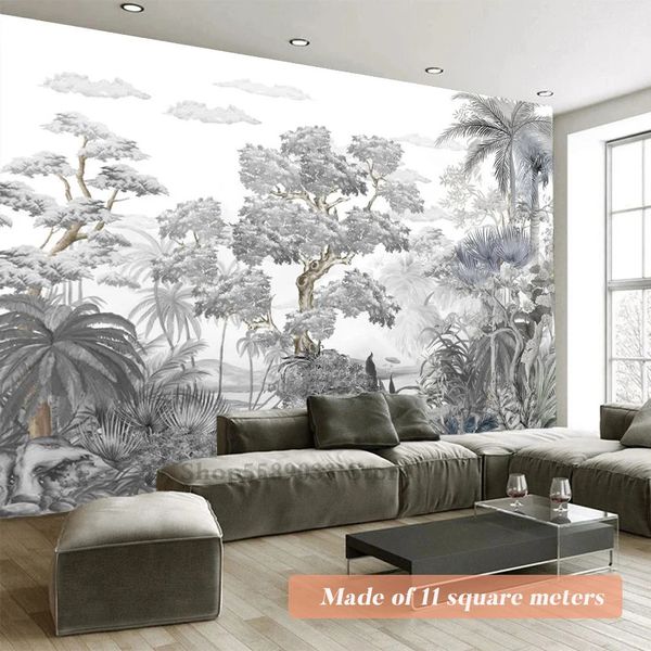 Pintura artística gris y blanca de pino, selva tropical, hoja de árbol, papel tapiz de contacto, renovación de la casa, decoración de pared, Mural, sala de estar, estudio 240122