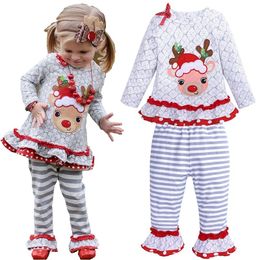 Grijze Baby Meisjes Kleding Past Christmas Herten Leuke Girl Jumper Broek 2-Stuks Kleding Sets Elanden Kinderen Blouse Broek Outfits 210413