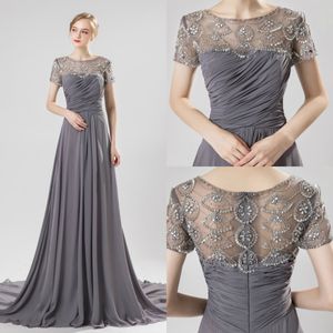 Grijze kralen Moeder van de bruid jurken juweeltje korte mouwen plooien chiffon kristal elegante avond bruiloft gasten jurk