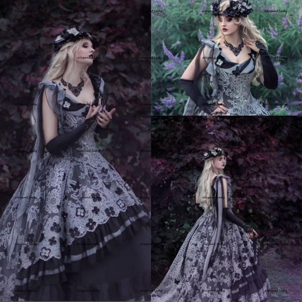 Vestidos de noche góticos de encaje negro gris 2022 Mystic Garden Butterfly corsé con cordones Top Renaissance Halloween Cosplay vestido de fiesta de talla grande