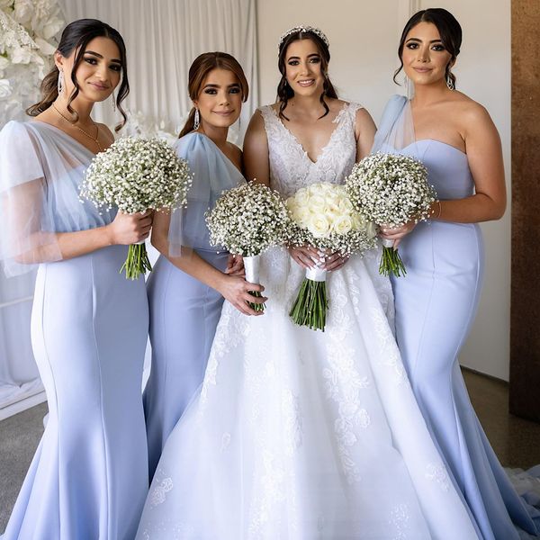 Vestidos de dama de honor azul gris Vestido largo de dama de honor Vestidos de satén elásticos de sirena de un hombro para mujeres negras árabes Ropa de invitados de boda NR032