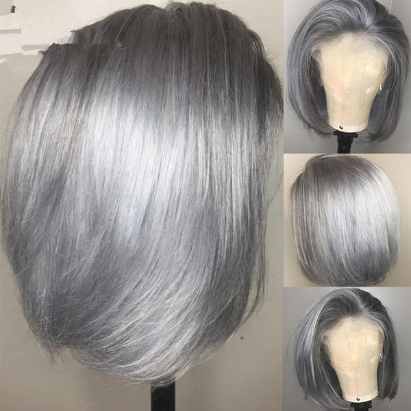 Pelucas Bob grises Cabello humano 13x4 Pelucas delanteras de encaje Cabello Remy brasileño liso para mujeres Línea de cabello natural pre desplumado 613 color virgen Gris Frontal Pelucas cortas Bob