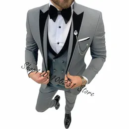 Gris Busin hommes costumes coupe ajustée mâle Fi veste gilet pantalon 3 pièces de mariage smoking pour marié dîner fête Costume Homme F26Q #