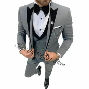 Grijs Busin Mannen Pakken Slim Fit Mannelijke Fi Jas Vest Broek 3 Stuk Bruiloft Smoking voor Bruidegom Etentje Kostuum homme F26Q #