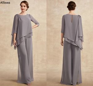 Gris Mousseline de Soie Chic Mère Costumes Pour Mariage Dentelle Perlée Manches Longues Pantalon D'été Lâche Mode Occasion Formelle Porter Plus La Taille Mère De Mariée Marié Vêtements CL2326