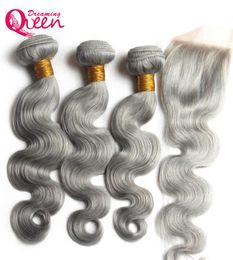 Vague de corps de couleur grise ombre ombre brésilienne vierge à cheveux humains paquets tisser 3 pcs avec fermeture en dentelle 4x4 rêveur queen hair3033296