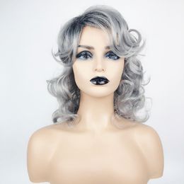 Grijze Kleur Krullend Golvend Synthetische Pruik Simulatie Menselijk Haar Pruiken Haarstukjes voor Zwart-wit Vrouwen Pelucas K41