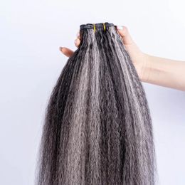Grijs Gekleurde Kinky Rechte Clip in Human Hair Extensions Voor Zwarte Vrouwen 10-26 inch Braziliaanse zout en peper yaki rechte extension zilvergrijs 100 g/pak