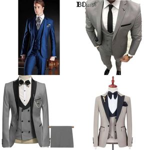 Traje gris elegante traje de baile de graduación de 3 piezas (chaqueta+chaleco+pantalones) trajes de boda de novios para hombres Blazer personalizado 201105 S