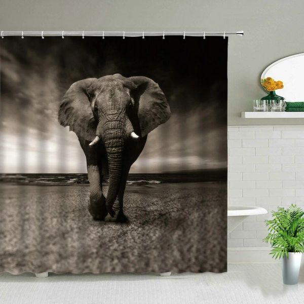 Rideau de douche d'éléphant gris, tropical africain grand animal sauvage arbres forêts de forêt paysage tissu de polyester