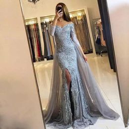 Gratis verzending grijze avondjurken off the shoulder lange mouw overkassen formele Arabische Dubai zeemeermin prom jurken split side prom jassen