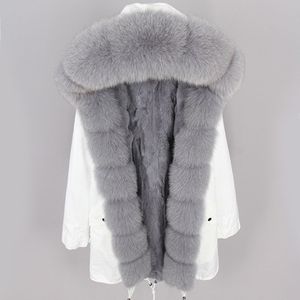 Fourrure somptueuse MAOMAOKONG marque gris fourrure de renard garniture fourrure femmes neige gris renard et lapin fourrure manteaux doublure blanc long parkas