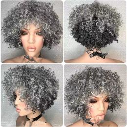 Perruques frontales grises cheveux humains pour femmes noires mode boucles courtes lutin coiffure bob crépus bouclés fabriqués à la machine sans dentelle perruque grise sans colle densité 130 %