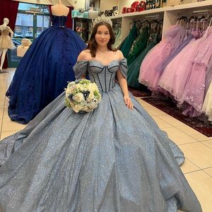 Grijze Glitter Quinceanera Jurken 2024 Sweetheart Uit De Schouder Sweet 15 Jurk Voor Junior Meisjes Exposed Balein Verjaardagsfeestje Jurk 326 326