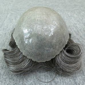Cheveux gris hommes peau mince toupee naturel look indien remy coiffure claire poly dossier human hair hair