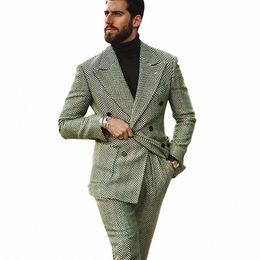 Gris Herringbe Costumes pour hommes Mariage formel Porter des vestes à double boutonnage + Pantalon 2 pièces Slim Fit Tuxedos Blazer Masculino s7Ts #