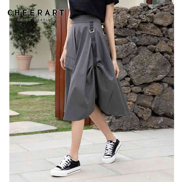 Faldas grises de cintura alta para mujer Harajuku A Line Long Midi Summer Streetwear Flare Overall 210427