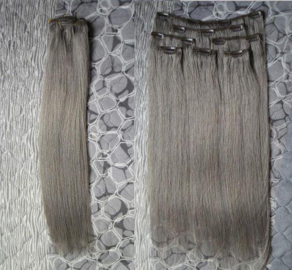 Extensiones de cabello humano gris clip grueso virgen en extensiones de cabello recto 100 g 7 piezas 4446762