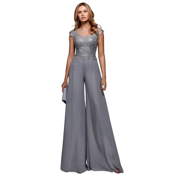 Mono gris Vestidos de dama de honor Apliques de encaje Traje superior Vestido de invitados de boda con pantalones acampanados de manga corta Estilo Robe De Soiree 326 327