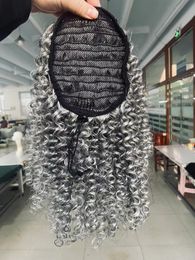 Gris rizado rizado cordón cola de caballo afro moño deshacer reflejos cabello puff extensión de cabello gris postizo clip en trenzas de crochet una pieza sal y pimienta 18 pulgadas 140 g