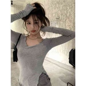 T-shirt tricoté gris femme automne moulant chemise à manches longues chemise courte Design Sense Top 210529