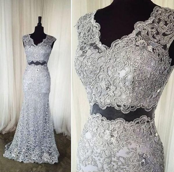 Vestidos de Noche elegantes de encaje gris 2019 largos de dos piezas con cuentas de cristal cuello en V manga casquillo vestido de graduación sirena vestidos formales vestido de fiesta