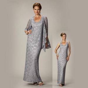 Grijze kant lange moeder formele broek pakken voor bruiloft bescheiden 3/4 mouwen Volledige lengte scoop avondjurk Hot koop feestjurken
