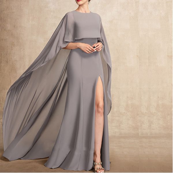 Robes de soirée sirène grises avec cape fendue sur le côté en mousseline de soie robe de bal formelle longue queue robe de mère en couches pour une occasion spéciale