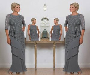 Gris mère de la mariée robes longue dentelle pailletée longueur cheville demi manches longues mère 039s robes robe d'invité de mariage plus Si9968435