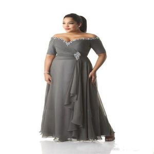 Grijze Moeder van de Bruid Jurken Plus Size Uit de Schouder Goedkope Chiffon Prom Party Jurken Lange Moeder Bruidegom Jurken Wear2681