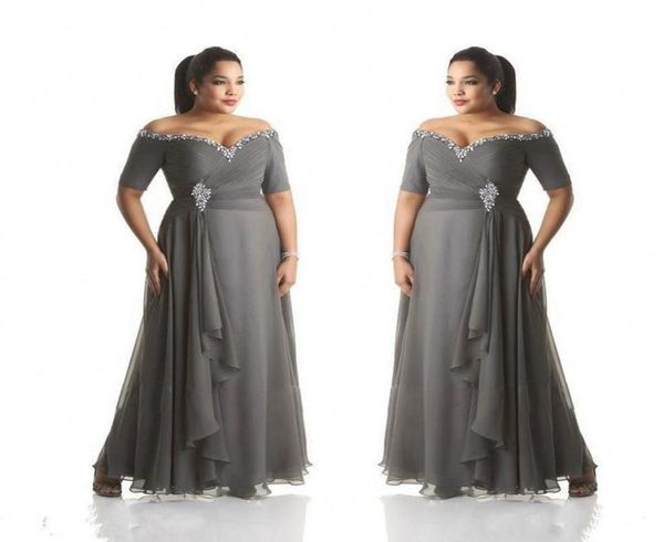 Vestidos de la madre gris de la novia Tamaño grande fuera del hombro Vestidos de fiesta de fiesta barato de la fiesta de graduación vestidos de novio longitud