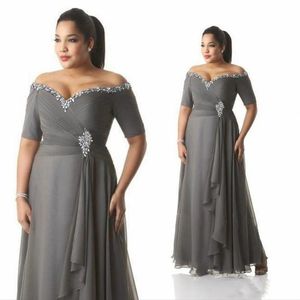 Grijze Moeder van de Bruid Bruidegom Jurken Plus Size Uit de Schouder Goedkope Chiffon Prom Party Jurken Lange Avondkleding302x