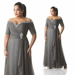 Grijs Moeder van de Bruid Bruidegom Jurken Grote Maat Uit de Schouder Goedkope Chiffon Prom Feestjurken Lange Avondkleding253e