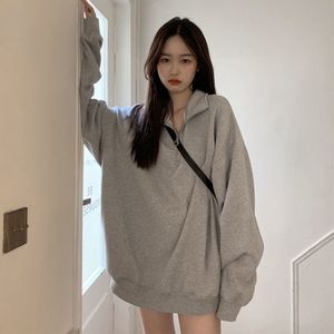 Grijs oversized sweatshirts dames herfst winter half ritssluiting pullover casual tops polo kleren streetwear sudaderas de mujer 220815