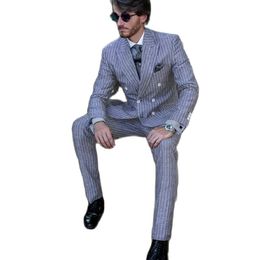 Costume gris à fines rayures pour hommes, pour mariage d'été, Double boutonnage, coupe classique, Blazer et pantalon formels pour bal de promo, 326 326
