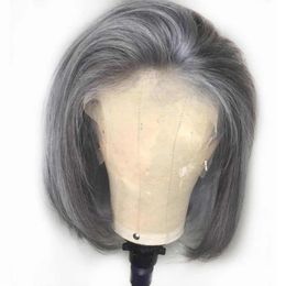 Gris coupe de lutin court Bob perruque dentelle avant perruques de cheveux humains pour les femmes Transparent 613 dentelle frontale perruque péruvienne Remy cheveux blancs 150%