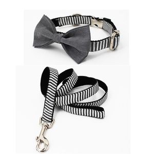 Collier à carreaux gris et laisse ensemble avec noeud papillon matel boucle coton tissu chien chat collier accessoires pour animaux de compagnie Y200515