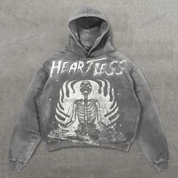 Grijs bedrukte hoodie met doodshoofd en lichte vlam letter hoodie high street losse hoodie herfst/winterjas puur katoenen hoodie voor mannen en vrouwen 240131