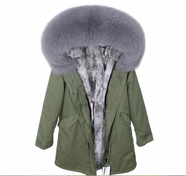 Grey Rex Rabbit Rur Forro Army Green Parkas largas Chaqueta femenina Abrigos de nieve para mujer Con cuello de piel de zorro YKK Cremallera 3 colores