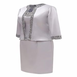 Gris Satin Court Pas Cher Mère De La Mariée 2019 Perlé Deux Pièces Robes Formelles Pour Mère Femmes Veste Élégante Robe De Soirée Robe294j