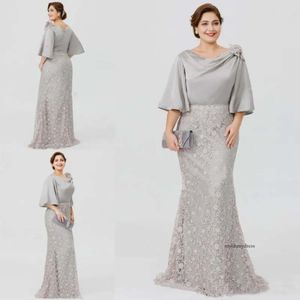 Gray Sier Mother of the Bride Dresses Half Sleeve Lace Mermaid bruiloft Gastjurk plus maat formele avondkleding jurken 0431