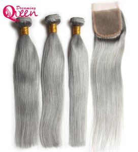 Cabello lacio gris Ombre Paquetes de cabello humano virgen brasileño Extensión de tejido 3 piezas con cierre de encaje 4x4 Color gris Nudo blanqueado4879177