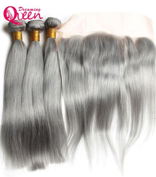 Cheveux raides gris Ombre Extension de tissage de cheveux humains vierges brésiliens 3 faisceaux avec fermeture frontale en dentelle 13x4 noeud blanchi gris F1926890