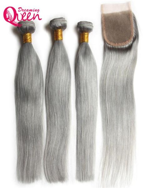 Hair raide gris Ombre brésilien vierge humain Bundles tisser extension 3 pcs avec 4x4 fermeture en dentelle de couleur gris blanchie-noeud1396366