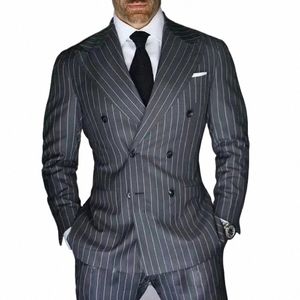 Costumes pour hommes à rayures grises à double boutonnage pour mariage sur mesure pour homme Costume marié 2 pièces Tuxedos meilleur homme Blazer pantalon j8mX #