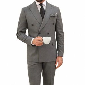 Costumes gris pour hommes double boutonnage pic revers formel busin blazer mariage marié smoking 2 pièces veste pantalon Terno Masculino p6Cn #