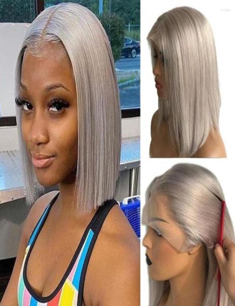 Pelucas de Bob corto con parte en T gris, peluca de cabello humano con frente de encaje prearrancado medio sedoso y recto de 180 de densidad para mujeres negras 20316619098682